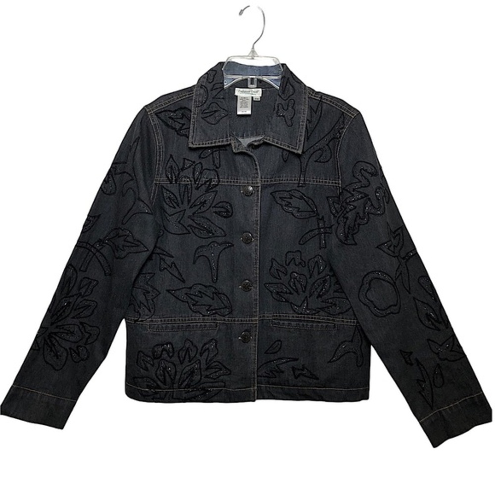 Coldwater Creek Cotton Embroidered Beaded Buttoned Pockets Black Denim Jacket MP